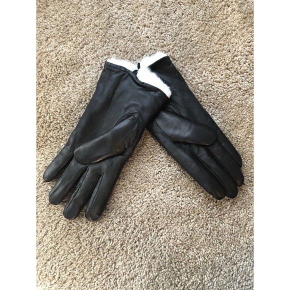 NOS New LEATHER Driving Gloves Black Vintage White Fur Lining DEADSTOCK Petite - Picture 2 of 4